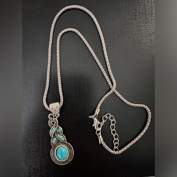 Silver Color Turquoise Blue Rhinestone Necklace & Earrings Set - Picture 3 of 8